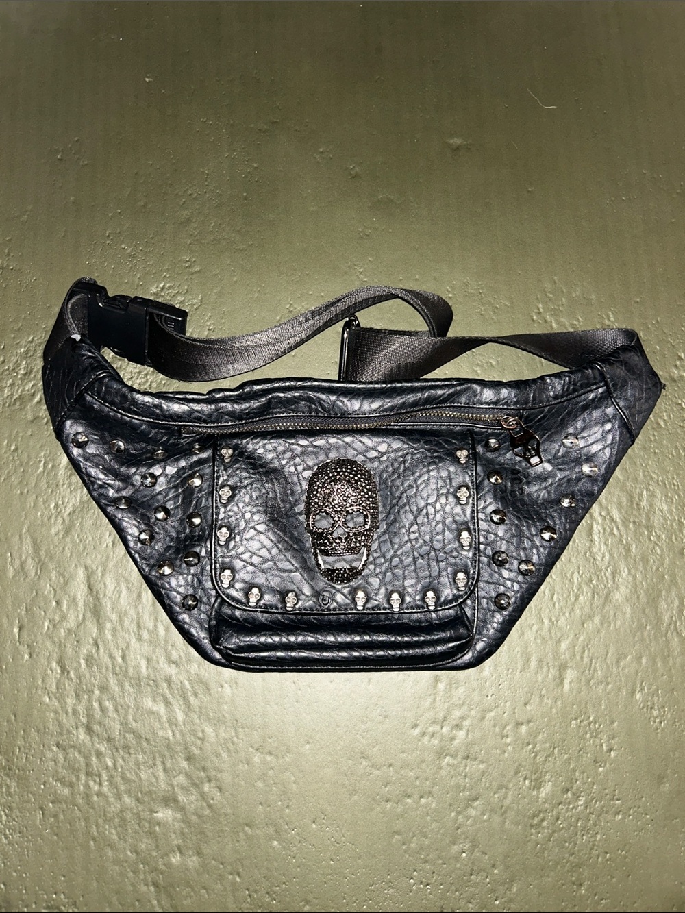 Black Studded Skull Leather Waist Bag